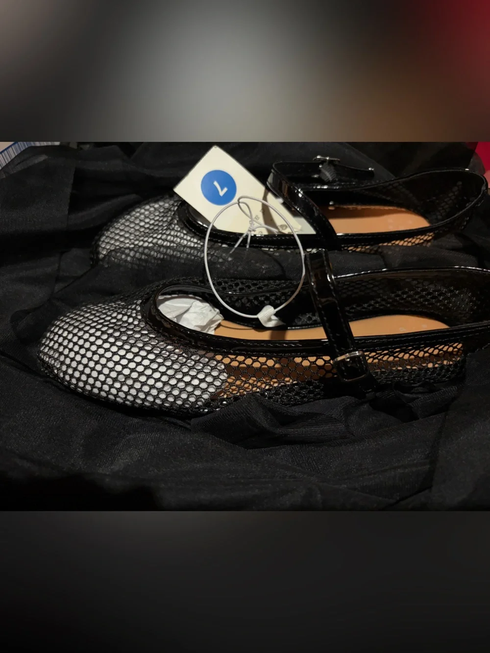 a new day Black Mesh T-Strap Flats with Patent Trim